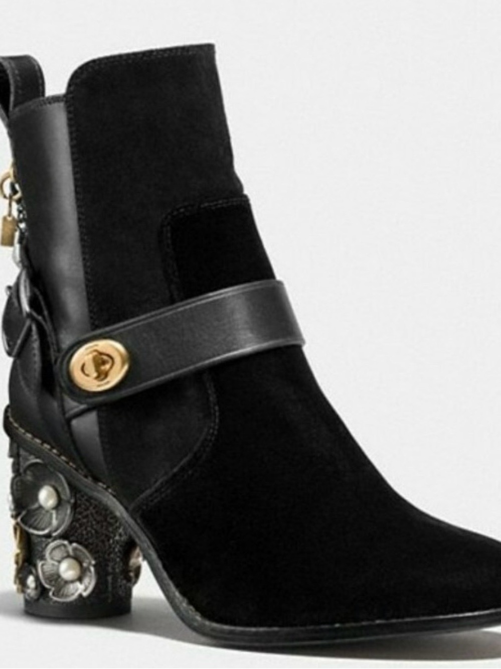 Women's Black Suede Ankle Boot with Decorative Heel